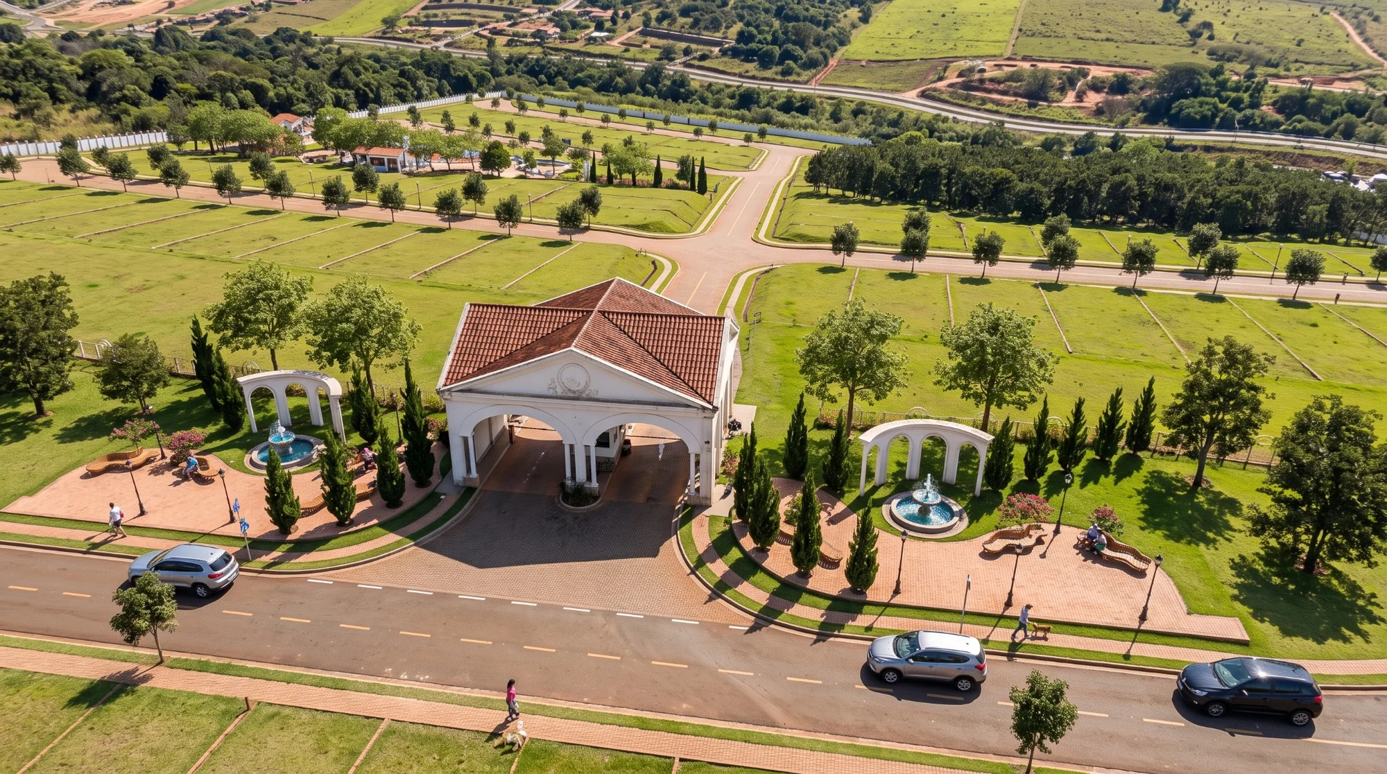 Imagem ilustrativa da portaria, praças e jardins do Villaggio Azzurro